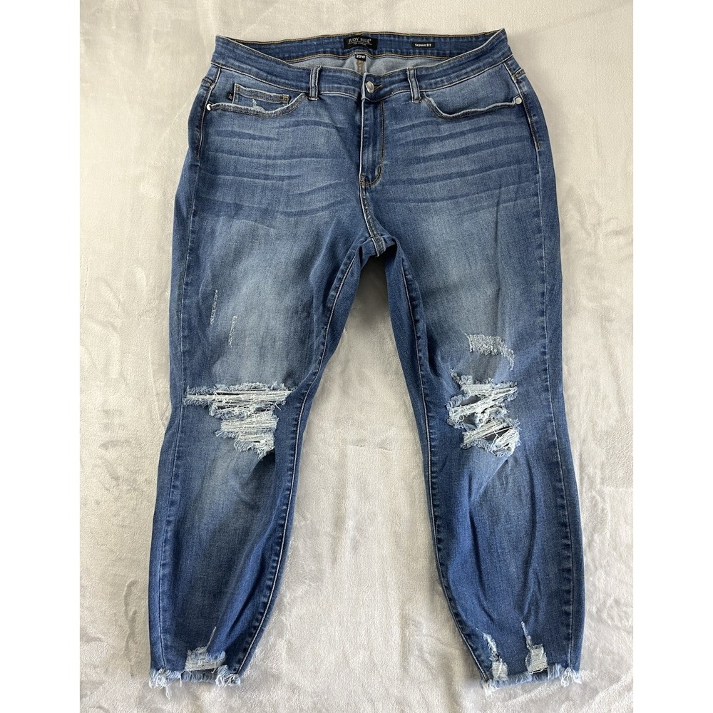 Judy Blue Jean Women 20W Blue Wash Skinny Fit Stretch Distressed Tapered Preppy